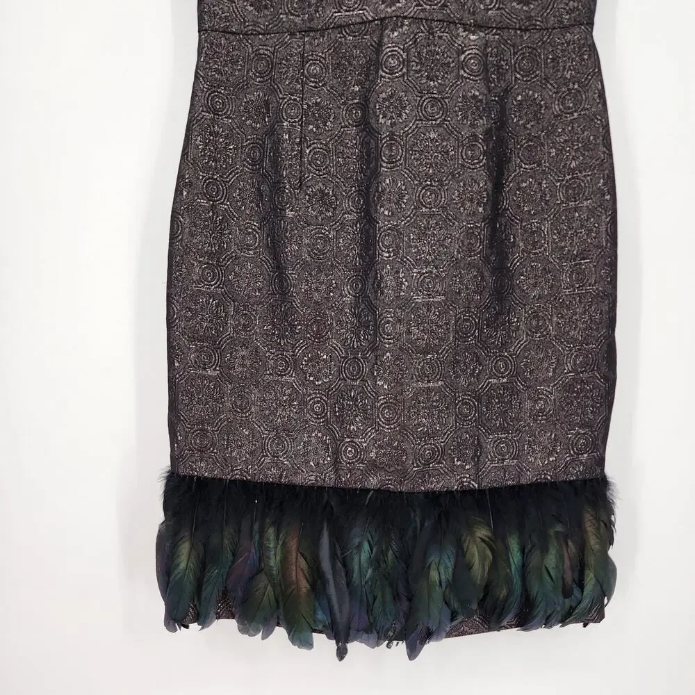 Badgley Mischka Feather Hem Cocktail Dress 10 Metallic Brocade Sleeveless Black - Picture 5 of 11